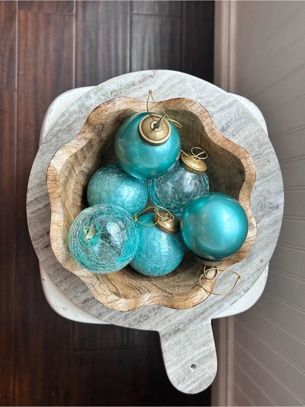 Restoration Hardware Teal Blue Crackle Glass Ornaments Set of 6
